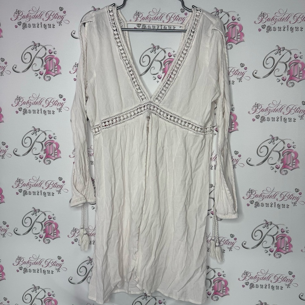 Sun & shadow dress coverup beach crochet knit white tassles lilac open arm flowy